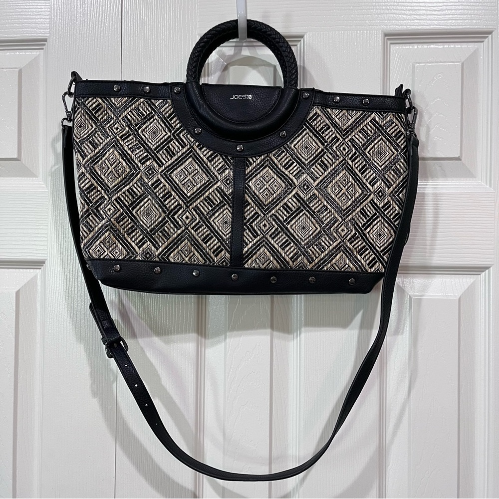 Joes Jeans Shoulder Tote Bag Woven Pattern Purse Black Tan